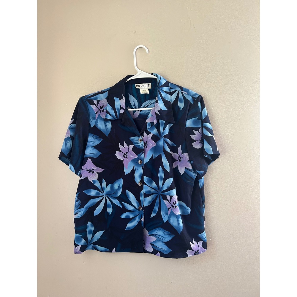 Vintage Briggs Petite Floral‎ Button Down Shirt Blue Purple Women's L Retro